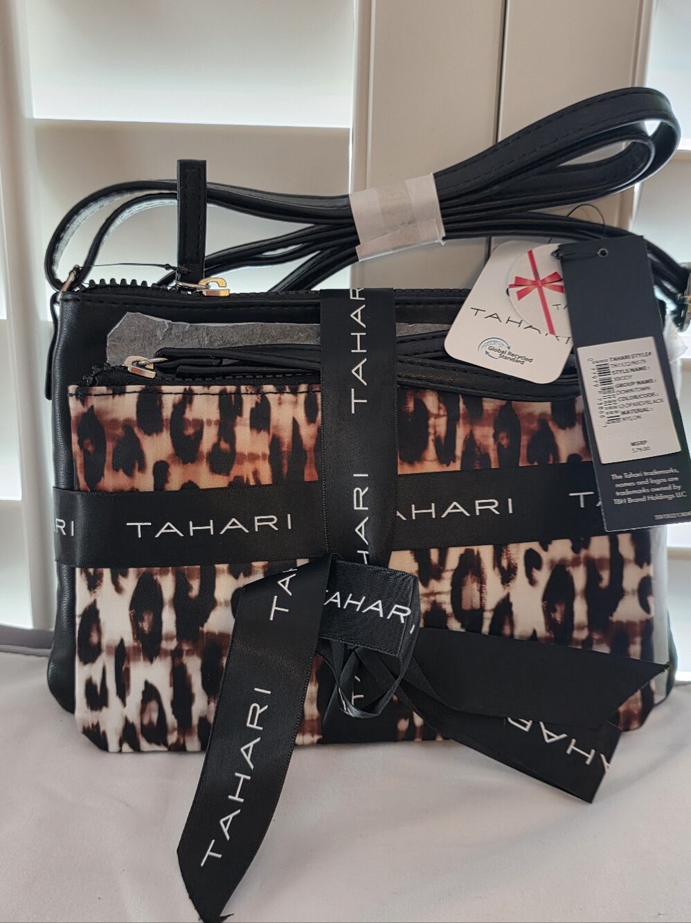 NWT SET Tahari Black Crossbody and Brown Leopard-Print Clutch Bag